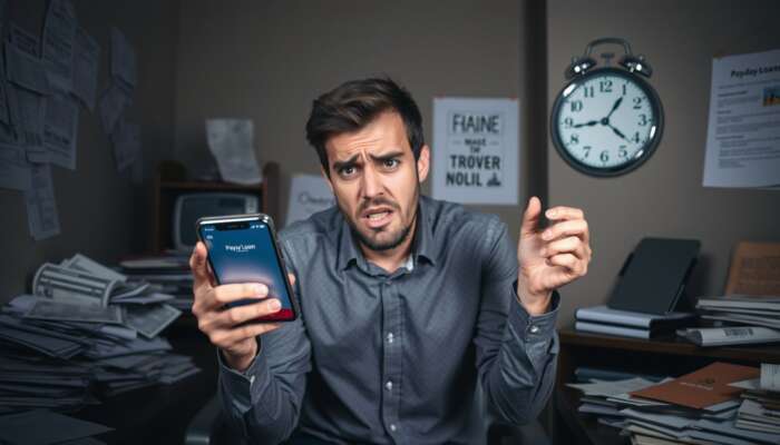 Stressed individual in a dimly lit room holding a smartphone with a payday loan app, surrounded by bills and overdue notices, illustrating urgency and financial strain.