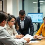 Four people sit around a conference table reviewing documents, discussing secure strategies. Two computer monitors display graphs and charts in the background as the group shares success tips during their business meeting.