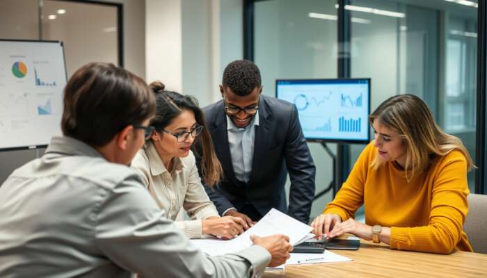 Four people sit around a conference table reviewing documents, discussing secure strategies. Two computer monitors display graphs and charts in the background as the group shares success tips during their business meeting.