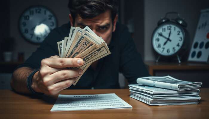 Worried individual holding bills in dim lighting with a clock and loan papers, illustrating financial stress and the urgency for quick cash.