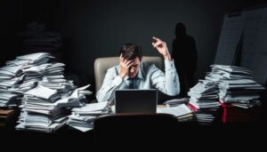 A man sits at a desk in a dimly lit Texas office, surrounded by large stacks of papers, looking stressed as he reviews payday loan documents—considering strategies for reducing risk with his head resting on one hand.