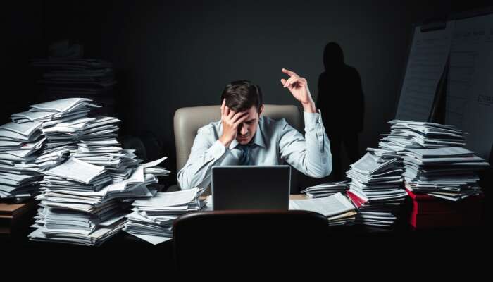 A man sits at a desk in a dimly lit Texas office, surrounded by large stacks of papers, looking stressed as he reviews payday loan documents—considering strategies for reducing risk with his head resting on one hand.