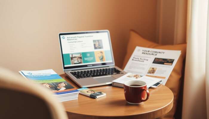 A cozy room with a table showcasing financial resources, including credit union pamphlets, a laptop for personal loans, a community resource brochure, and a coffee cup in a warm setting.