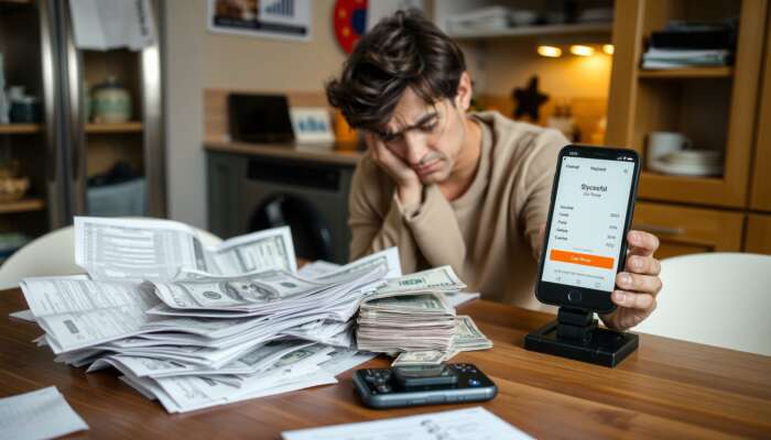 A stressed person at a kitchen table surrounded by bills and cash, with a loan application open on their phone, highlighting the urgency of financial needs.