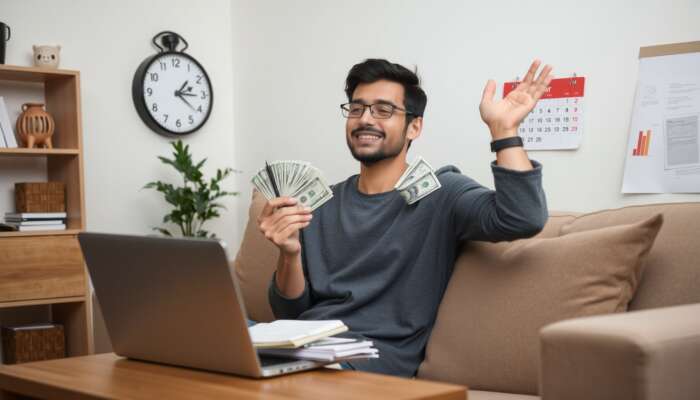 Person in a cozy home holding cash with bills and a laptop, conveying relief and urgency due to upcoming due dates.