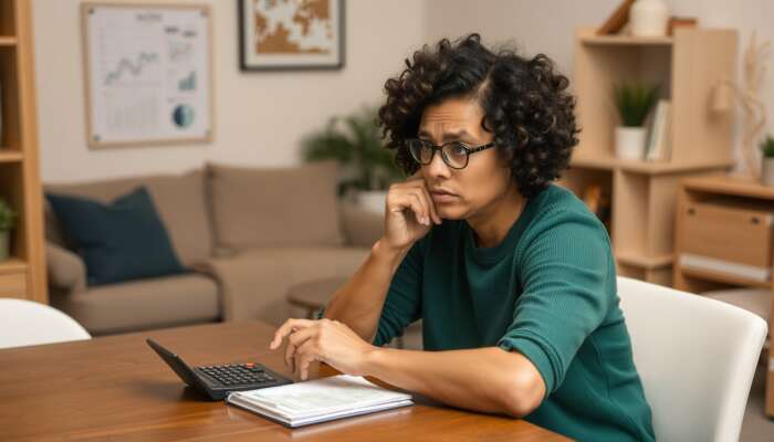 A person analyzing their financial situation at a table with a calculator, notepad, and bills, showing a concerned yet determined expression in a cozy home setting.