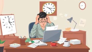 An illustration of a person sitting at a cluttered desk with a laptop, papers, coffee cups, and a clock on the wall. The person appears stressed, holding their head while looking at marketing strategies used by Payday lenders in Texas cities.