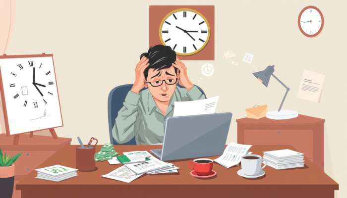 An illustration of a person sitting at a cluttered desk with a laptop, papers, coffee cups, and a clock on the wall. The person appears stressed, holding their head while looking at marketing strategies used by Payday lenders in Texas cities.