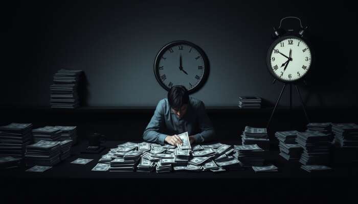 A person sitting at a table surrounded by stacks of bills and a looming clock, representing the pressure of debt and financial stress.