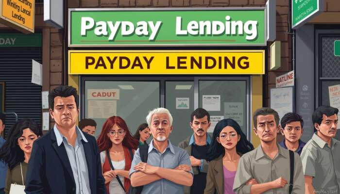 A busy urban street scene featuring diverse individuals near a payday lending storefront, with hints of financial distress like bills and eviction notices, conveying urgency and the need for financial assistance.