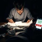 A man sits at a table in a dimly lit room, looking at papers and receipts. Another hand holds a phone displaying a message about an unexpected Texas payday loan and a red button to claim money, highlighting changing consumer behavior.