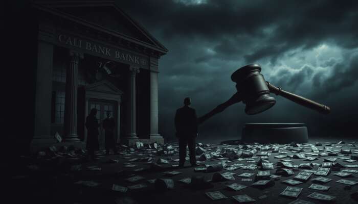 Crumbling bank facade with broken windows and scattered dollar bills, shadowy figures discussing in the foreground, and a looming gavel in a stormy atmosphere, symbolizing the consequences of non-compliance with payday loan regulations.