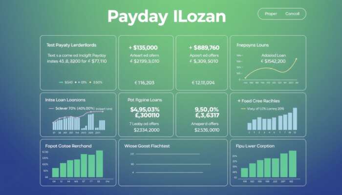 A financial dashboard titled "Payday ILozan" displays various charts and graphs, serving as a Payday Loan Tracker with stats on loans, repayments, and interest rates—organized in green and blue-toned panels over a gradient background.