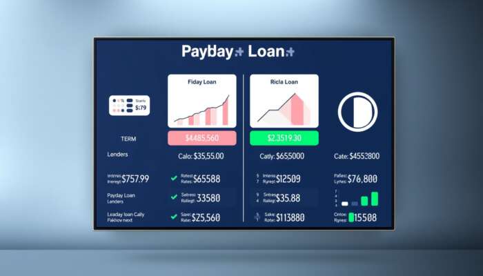 Digital interface showcasing a comparison of payday loan offers with varying interest rates and terms from multiple lenders, featuring user-friendly graphs and financial icons.