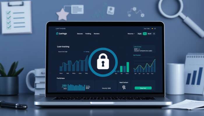 A laptop screen displaying a user-friendly loan tracking website interface with charts, graphs, a secure padlock symbol, a magnifying glass, a checklist, and positive user reviews in the background.