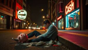 A man sits on a city street at night beside a piggy bank and scattered cash, surrounded by neon signs reading "Cash" and "Cash Now." The deserted scene hints at the impact of payday loan strategies under glowing streetlights.