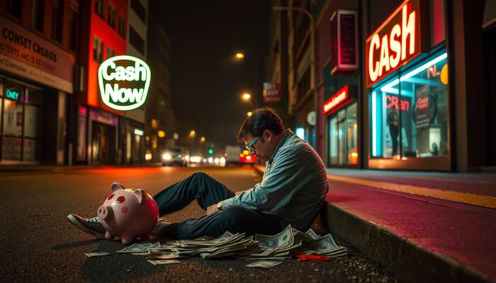 A man sits on a city street at night beside a piggy bank and scattered cash, surrounded by neon signs reading "Cash" and "Cash Now." The deserted scene hints at the impact of payday loan strategies under glowing streetlights.