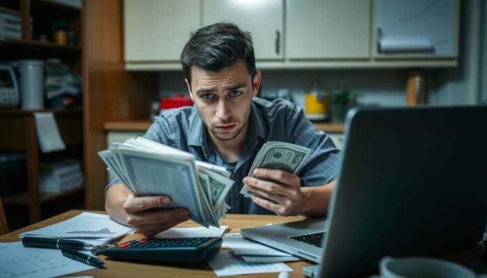 A worried person holding bills and a small cash loan at a cluttered kitchen table, with a calculator and laptop showing rising debt graphs, in dim lighting.
