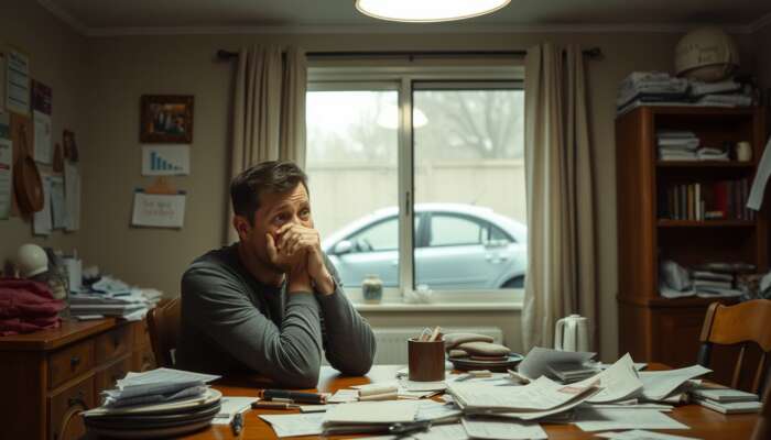 A worried low-income individual sitting at a cluttered kitchen table with bills and medical paperwork, looking stressed about financial issues, with a broken car visible through the window in a dimly lit home.