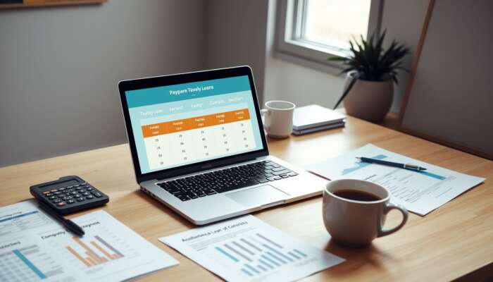 A modern digital workspace with a laptop showing payday loan comparison charts, financial documents, a calculator, and a cup of coffee on a bright wooden desk.