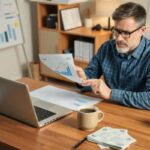A man with glasses sits at a desk in an office, reviewing a printed chart. Surrounded by coffee cups, cash, and financial documents, he considers Payday Loan Tips for managing finances. Charts and shelves with binders fill the background.
