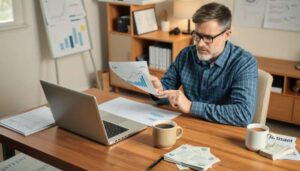 A man with glasses sits at a desk in an office, reviewing a printed chart. Surrounded by coffee cups, cash, and financial documents, he considers Payday Loan Tips for managing finances. Charts and shelves with binders fill the background.