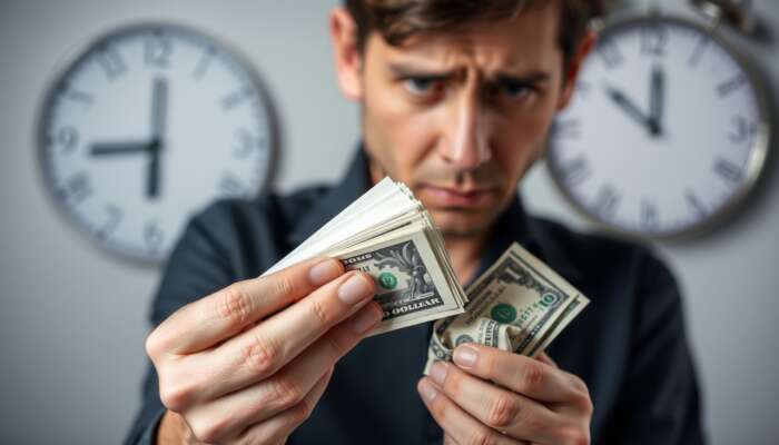 Worried person holding bills and cash with a blurred clock in the background, representing urgency and financial stress.