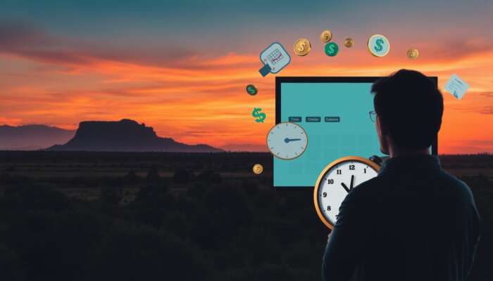 A person contemplating financial planning with a calendar and clock in a Texas sunset landscape, surrounded by dollar signs and coins.