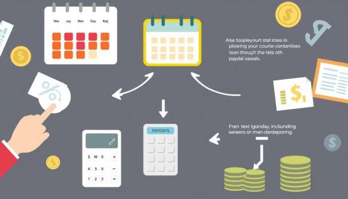 Infographic depicting payday loan timing strategies, featuring a calendar with paydays highlighted, a calculator for expense calculations, and arrows showing optimal loan application periods, set against financial symbols.