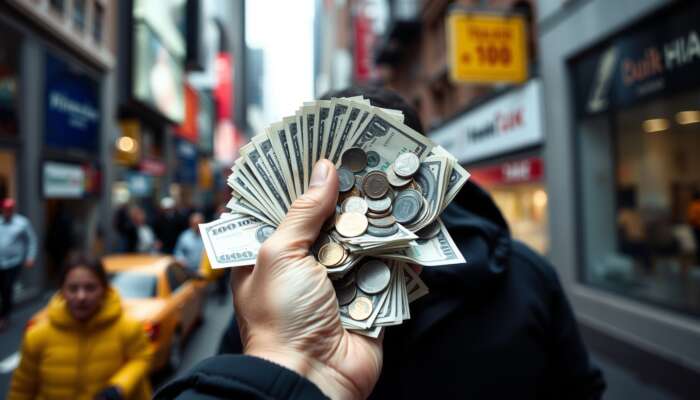 A person holding cash surrounded by bills and coins, set against a blurred city street, representing financial urgency and stress.
