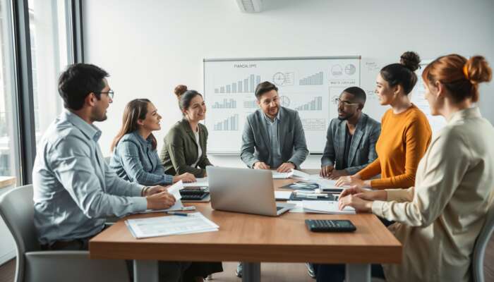 Diverse group discussing financial planning with documents and calculators in a modern office setting.