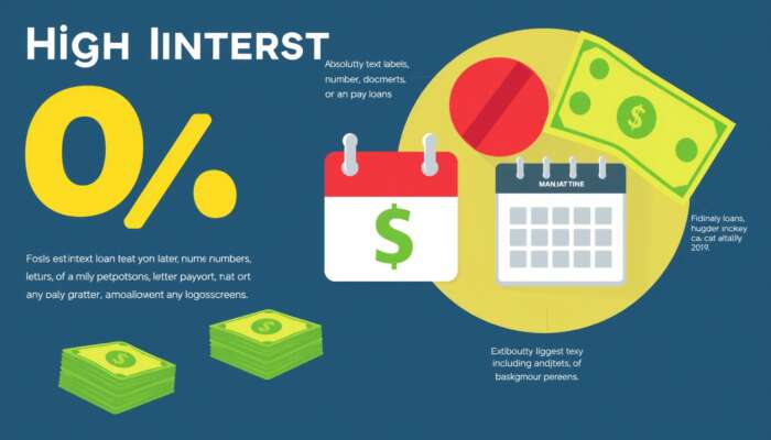 Infographic showing a large percentage symbol, a stack of cash, and a calendar, representing high-interest rates and short repayment periods of payday loans, conveying urgency and financial strain.