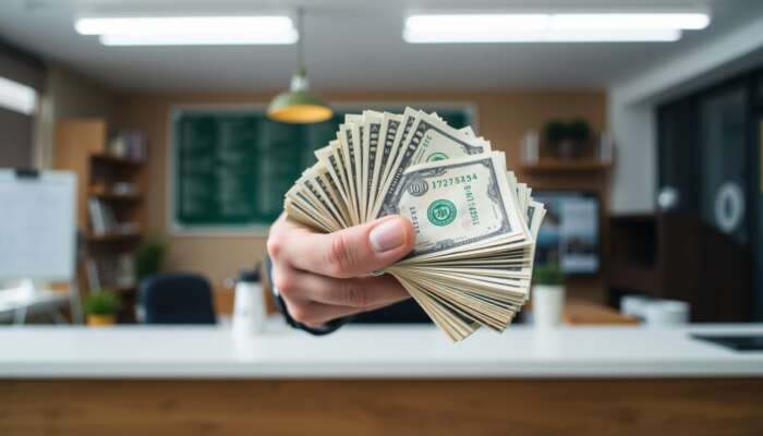 Person holding a stack of cash in a small business setting, highlighting urgency and financial need.