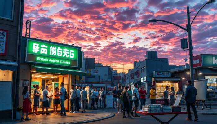 A vibrant urban street scene at dusk showcasing a small business storefront, diverse people discussing outside, stacks of cash on a table, and a confident owner engaging with customers under a colorful sky.