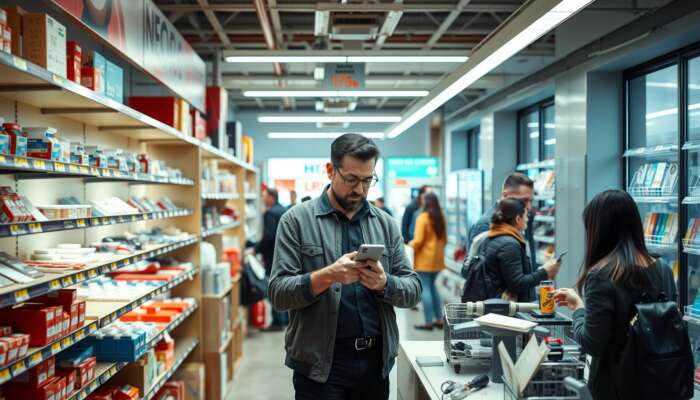 A worried business owner checks their smartphone in a busy retail store with partially stocked shelves, highlighting the urgency of needing immediate cash for restocking during a spike in customer demand.