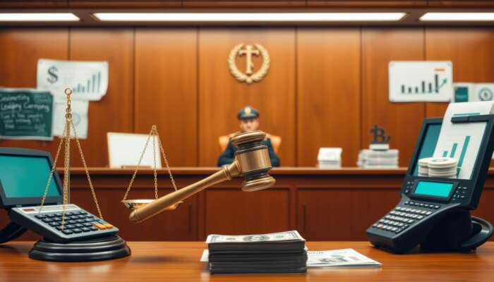 Courtroom scene featuring a judge's gavel and scales of justice, with symbols of financial regulation like a calculator and stack of cash, illustrating the balance between borrower protections and lender interests in payday lending.