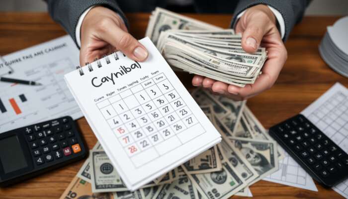 Person's hands holding cash with a marked calendar and bills, illustrating urgency and financial stress related to payday loans.