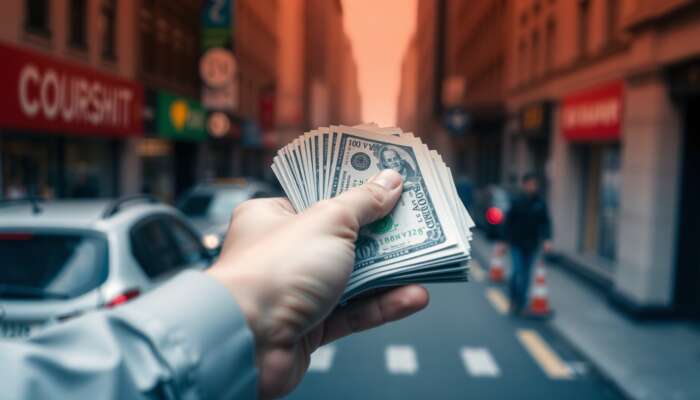 A hand holding a stack of cash against a blurred city street background, symbolizing urgent financial needs and quick access to funds.