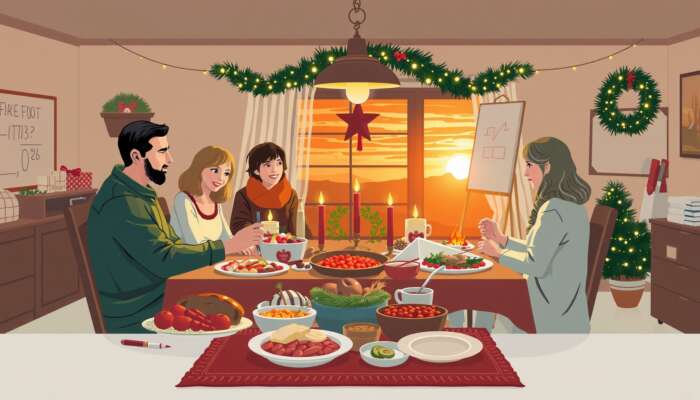A festive Texas holiday gathering with a family around a decorated table filled with traditional foods, twinkling lights, and a warm sunset backdrop.