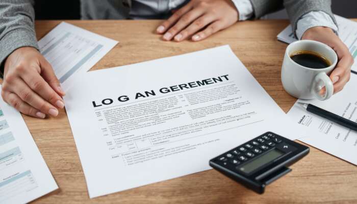 A concerned person reviewing a loan agreement on a table, surrounded by financial documents and a calculator, highlighting the importance of understanding loan terms.