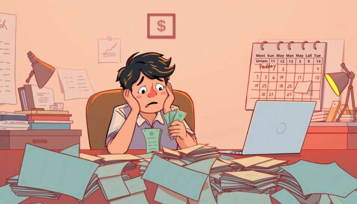 A stressed person at a desk with bills and a laptop, holding cash, while a calendar marked for payday highlights financial urgency.