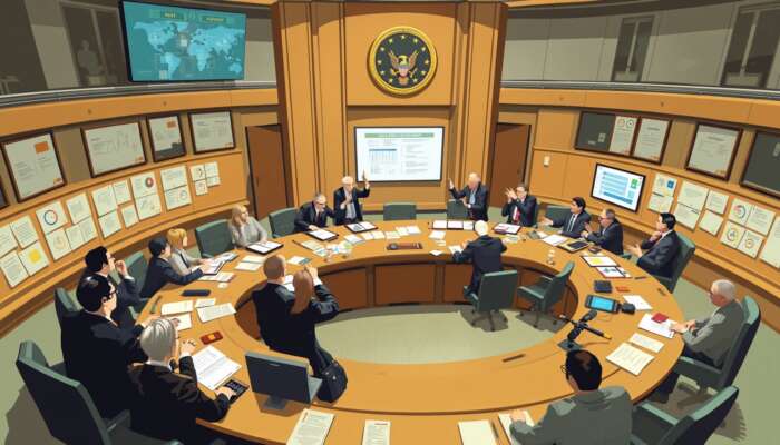 Diverse lawmakers passionately debating around a large oval table in a modern legislative chamber, with colorful charts and documents illustrating collaboration and urgency.