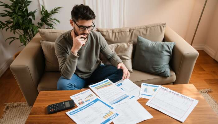 A person sitting on a couch in a cozy living room, reviewing financial documents and personal loan brochures on a coffee table with a calculator, surrounded by warm lighting and a plant.