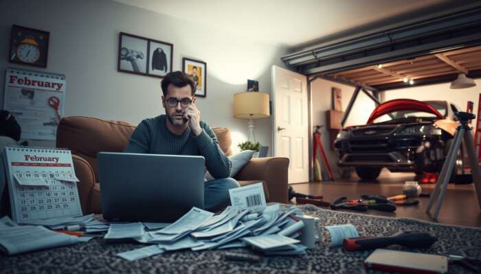 A concerned individual in a cozy living room surrounded by medical bills and a laptop, with a calendar showing February marked for flu season, while a car in the garage shows engine issues and scattered tools, conveying urgency and financial stress.