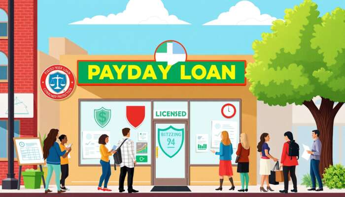 Illustration of a Texas cityscape with diverse individuals discussing finances outside a payday loan storefront, featuring a prominent "Licensed" sign and symbols of consumer protection like a shield and scales of justice under a bright blue sky.