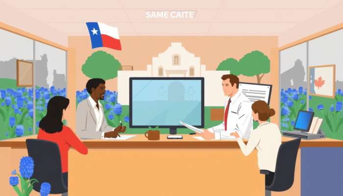 A diverse group of professionals in a Texas-themed financial office discussing loan documents, with the Alamo and bluebonnets in the background, illustrating the benefits of payday loan licenses.