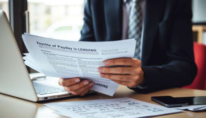 Business professional reviewing payday lending regulatory documents with a calculator and laptop in a well-lit office, highlighting compliance and ethical practices.