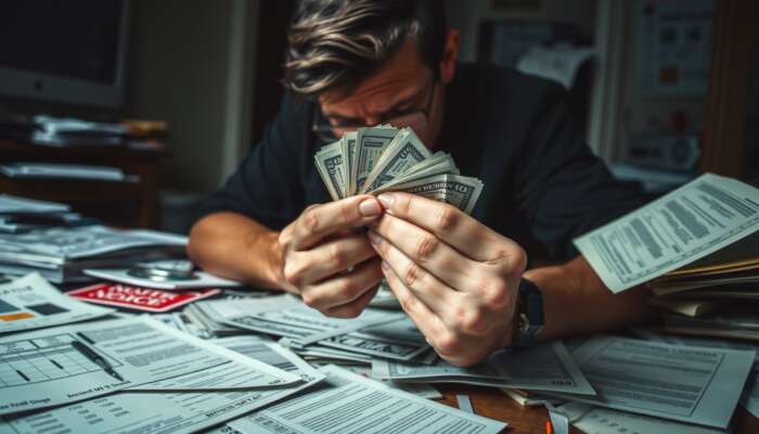 Person holding a small stack of cash with a worried expression, surrounded by bills and urgent financial notices on a cluttered table.