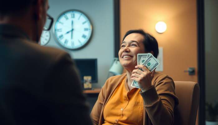 Person in a medical emergency looking relieved while receiving cash from a payday loan service in a well-lit office, with a clock in the background indicating urgency.