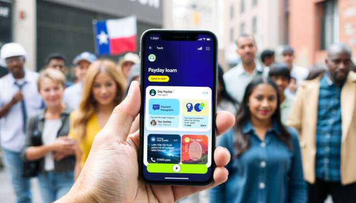 Smartphone showing a payday loan application interface with payment reminders and balance checks, set against a diverse Texas urban backdrop, highlighting accessibility for underbanked populations and featuring biometric security elements.